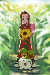 Rule 34 | 2girls, digimon, flower, hat, looking at viewer, multiple girls, smile, sunflower, tachikawa mimi, tanemon