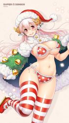 Rule 34 | 1girl, bikini, blush, breasts, cape, christmas, christmas tree costume, cleavage, female focus, hat, headphones, highres, large breasts, long hair, looking at viewer, navel, nitroplus, open mouth, pink eyes, pink hair, santa hat, smile, solo, star (symbol), star print, striped clothes, striped thighhighs, super sonico, swimsuit, thighhighs, tsuji santa, wallpaper