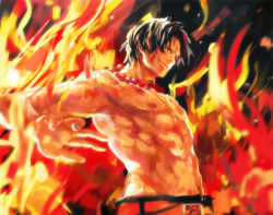 Rule 34 | 1boy, abs, belt, fire, freckles, injury, jewelry, male focus, necklace, one piece, portgas d. ace, topless male, smile, solo, tsuyomaru