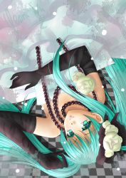 Rule 34 | 1girl, aqua eyes, aqua hair, artist name, checkered background, elbow gloves, gloves, hatsune miku, jewelry, long hair, looking at viewer, necklace, solo, twintails, vocaloid, yenni-vu