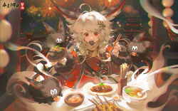 Rule 34 | 1girl, :3, absurdres, ahoge, animal ears, architecture, bowl, cat ears, chopsticks, chromatic aberration, creature, dress, east asian architecture, eating, fireworks, food, food in mouth, fur-trimmed sleeves, fur trim, highres, holding, holding chopsticks, holding food, holding plate, lantern, limao pan (wuhua mixin), long hair, long sleeves, looking at viewer, night, night sky, noodles, paper lantern, plate, red dress, red eyes, skewer, sky, solo, tofu, upper body, white hair, wuhua mixin, yunouou10