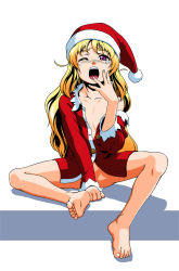 Rule 34 | 1girl, barefoot, blonde hair, bottomless, censored, convenient censoring, feet, hand to own mouth, hat, long hair, no panties, off shoulder, open clothes, open mouth, open shirt, original, pink eyes, santa costume, santa hat, semine, shirt, sitting, slightly open shirt, soles, solo, spread legs, tears, toes, unbuttoned, wince, yawning