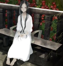 Rule 34 | 1girl, absurdres, barefoot, bench, black eyes, black hair, dress, expressionless, flower, full body, highres, junito715, long hair, looking at viewer, original, own hands together, railing, red flower, sitting, solo, white dress
