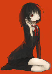 Rule 34 | 10s, 1girl, another, arm support, black hair, black socks, charimei, eyepatch, highres, kneehighs, leaning forward, looking at viewer, misaki mei, no shoes, red background, red eyes, ribbon, school uniform, seiza, short hair, simple background, sitting, socks, solo