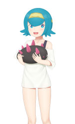 Rule 34 | 1girl, :d, absurdres, animal, blue eyes, blue hair, creatures (company), game freak, gen 7 pokemon, hairband, headband, highres, holding, holding animal, lana (pokemon), looking at viewer, nintendo, open mouth, pokemon, pokemon (creature), pokemon sm, pyukumuku, sc naru, shirt, short hair, simple background, smile, standing, swimsuit, swimsuit under clothes, trial captain, white background, white shirt, yellow headband