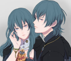 Rule 34 | 1boy, 1girl, blue eyes, blue hair, bracelet, byleth (female) (fire emblem), byleth (fire emblem), byleth (male) (fire emblem), detached collar, fire emblem, fire emblem: three houses, from side, grey background, hand up, jacket, jewelry, long hair, looking at viewer, necklace, nintendo, parted lips, pendant, playing with own hair, short hair, simple background, u arca u, upper body