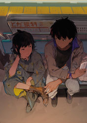 Rule 34 | 1boy, 1girl, black eyes, black hair, black shirt, boots, brown footwear, closed mouth, cross-laced footwear, eye contact, from above, frown, hair between eyes, head rest, high collar, jacket, japanese clothes, kimono, lace-up boots, long sleeves, looking at another, mole, mole under eye, original, pants, shirt, shoes, short hair, sitting, smile, swept bangs, ukumo uichi, white pants