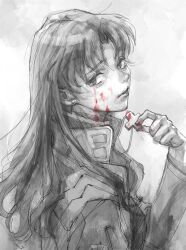 Rule 34 | 1girl, blood, blood on face, blood on hands, cross, cross necklace, earrings, from side, greek cross, hand up, highres, holding, jacket, jewelry, katsuragi misato, long hair, long sleeves, looking at viewer, looking to the side, matsuko (mrimri3), monochrome, necklace, neon genesis evangelion, sad, sketch, solo, spot color, stud earrings, upper body