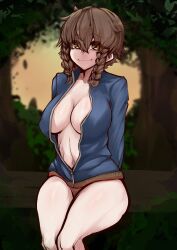 Rule 34 | 1girl, amane suzuha, artist request, braid, breasts, cleavage, forest, highres, jacket, large breasts, legs together, naked jacket, nature, sitting, smile, solo, steins;gate, tagme, track jacket