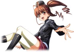 Rule 34 | 1girl, akagi benio, antenna hair, artist request, black footwear, black hat, black jacket, boots, breasts, brown hair, buttons, code geass, code geass: lost stories, cropped legs, drill hair, female focus, game cg, garrison cap, hair ribbon, happy, hat, headband, jacket, knee boots, long sleeves, looking at viewer, medium hair, miniskirt, non-web source, official art, open mouth, orange eyes, pleated skirt, red headband, red skirt, ribbon, simple background, skirt, small breasts, smile, solo, thighhighs, transparent background, twin drills, twintails, white thighhighs, yellow ribbon