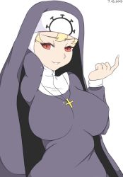 Rule 34 | 1girl, arm up, beckoning, berserkwitchart, blonde hair, breasts, come hither, covered erect nipples, cross, cross necklace, double (skullgirls), habit, jewelry, large breasts, looking at viewer, necklace, nun, parted lips, red eyes, skullgirls, smile, solo, white background