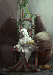 Rule 34 | 1girl, amano satomi, arm rest, beak, blunt bangs, closed eyes, closed mouth, commentary request, fantasy, griffin, hanging plant, ivy, japanese clothes, long hair, long sleeves, original, sitting, throne, white hair, wide sleeves