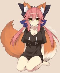 Rule 34 | 1girl, animal ear fluff, animal ears, barefoot, black shirt, blouse, blue ribbon, blush, breasts, cleavage, collarbone, fate/grand order, fate (series), fox ears, fox girl, fox tail, hair ribbon, large breasts, looking at viewer, ouhina, pink hair, ribbon, shirt, sitting, smile, solo, tail, tamamo (fate), tamamo no mae (fate/extra), yellow eyes