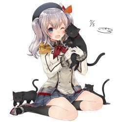 Rule 34 | 10s, 1girl, ;d, animal, beret, black shirt, black socks, blue skirt, blush, blush stickers, cat, collar, collared shirt, dated, drooling, epaulettes, full body, gloves, grey hair, hat, headband, highres, holding, holding animal, holding cat, kantai collection, kashima (kancolle), kneehighs, kou mashiro, licking, licking another&#039;s face, long hair, long sleeves, looking at another, one eye closed, open mouth, pleated skirt, saliva, shirt, shoes, signature, simple background, sitting, skirt, sleeping, smile, socks, tongue, tongue out, twintails, white background, white gloves, wing collar, | |