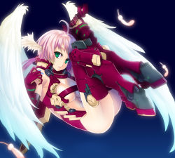 Rule 34 | 1girl, angel wings, boots, feathers, fujimon, green eyes, head wings, mecha musume, original, pink hair, revealing clothes, solo, sword, thigh boots, thighhighs, weapon, wings