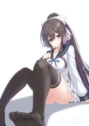 Rule 34 | 1girl, arm at side, assault lily, black thighhighs, blue ribbon, blue sailor collar, bow, breasts, brown hair, buttons, cleavage, collarbone, commentary request, feet out of frame, frilled skirt, frills, green eyes, gungun (hakutou7887), hair between eyes, hair bow, hand on own chest, hand up, high ponytail, jewelry, knees up, light brown hair, long hair, long sleeves, looking at viewer, medium breasts, miniskirt, neck ribbon, no shoes, official alternate costume, ponytail, ribbon, ring, sailor collar, sailor shirt, serizawa chikaru, shadow, shirt, sidelocks, simple background, sitting, skirt, smile, solo, thighhighs, very long hair, white background, white bow, white shirt, white skirt
