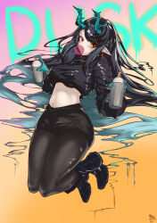 Rule 34 | 1girl, absurdres, arknights, arm tattoo, black footwear, black hair, black pantyhose, black shirt, boots, chewing gum, clothes lift, dragon girl, dragon horns, dusk (arknights), earrings, full body, goldentissue1, graffiti, highres, horns, jewelry, long hair, long sleeves, looking at viewer, midair, midriff peek, multicolored hair, navel, orange eyes, pantyhose, pantyhose under shorts, pointy ears, shirt, shirt lift, shorts, simple background, solo, spray can, streaked hair, tassel, tassel earrings, tattoo, wide sleeves