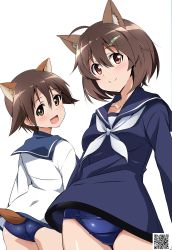 Rule 34 | 2girls, ahoge, animal ears, brave witches, brown eyes, brown hair, closed mouth, collarbone, dog ears, eyebrows, hair between eyes, hair ornament, hairclip, highres, karibuchi hikari, looking at viewer, looking back, miyafuji yoshika, multiple girls, no pants, one-piece swimsuit, open mouth, sailor collar, sailor shirt, school swimsuit, school uniform, serafuku, shiny skin, shirt, short hair, simple background, smile, strike witches, swimsuit, swimsuit under clothes, tail, tokiani, white background, world witches series