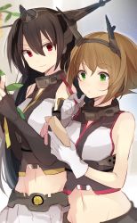 Rule 34 | 10s, 2girls, bare shoulders, black gloves, black hair, black skirt, blurry, blush, breasts, brown hair, cowboy shot, elbow gloves, eyebrows, fingerless gloves, gloves, green eyes, hair between eyes, hairband, hand up, hiiragi souren, holding, holding pencil, kantai collection, leaf, long hair, looking at another, medium breasts, midriff, multiple girls, mutsu (kancolle), nagato (kancolle), navel, parted lips, pencil, red eyes, skirt, sleeveless, white gloves, white skirt