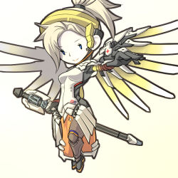 Rule 34 | 1girl, black gloves, black pantyhose, blonde hair, blue eyes, chibi, full body, gloves, halo, high ponytail, holding, long hair, mechanical halo, mechanical wings, mercy (overwatch), mr kunimitsu, overwatch, overwatch 1, pantyhose, simple background, smile, solo, staff, white background, wings, yellow wings