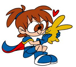 Rule 34 | . ., 1girl, animal, arle nadja, armor, bike shorts, black eyes, blue cape, blue footwear, blue gloves, blue skirt, brown eyes, brown hair, cape, carbuncle (puyopuyo), closed mouth, cross-eyed, eye contact, forehead jewel, from side, full body, gloves, hair tie, hands up, happy, heart, high ponytail, holding, holding animal, looking at another, matching hair/eyes, miniskirt, puyopuyo, shirt, shoes, short hair, shorts, shorts under skirt, shoulder armor, sidelocks, simple background, sitting, skirt, smile, two-sided cape, two-sided fabric, vilepluff, white background, white shirt