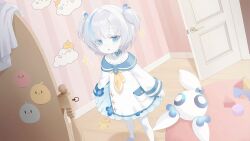 Rule 34 | 1girl, :o, animal print, artist request, azur lane, bird print, black nails, blue bow, blue dress, blue eyes, blue hair, bow, child, colored eyelashes, colored skin, door, dress, eyes visible through hair, fingernails, frilled dress, frills, game cg, hair bow, hair over one eye, halter dress, halterneck, highres, jewelry, layered dress, looking at mirror, manjuu (azur lane), mirror, multicolored hair, nail polish, neckerchief, non-web source, off-shoulder dress, off shoulder, official art, open door, open mouth, pale skin, sailor collar, sailor dress, slippers, solo, sparkle, standing, streaked hair, stuffed toy, tb (azur lane), tb (young) (azur lane), toy, two-tone dress, two-tone hair, two side up, white dress, white hair, white skin, yellow neckerchief
