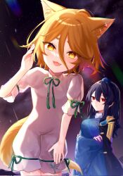 Rule 34 | 2girls, :3, :d, animal ears, armor, arms under breasts, blonde hair, blue dress, blue hair, breasts, closed mouth, commentary request, dark blue hair, dress, expressionless, fangs, flat chest, fox ears, fox tail, hair between eyes, hand up, hat, highres, iizunamaru megumu, kudamaki tsukasa, leaning forward, long hair, looking at another, looking at viewer, medium breasts, multiple girls, nemachi, night, night sky, open mouth, pauldrons, short hair, shoulder armor, single pauldron, sky, smile, star (sky), tail, tokin hat, touhou, white romper