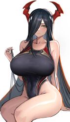 Rule 34 | 1girl, absurdres, azur lane, black hair, black one-piece swimsuit, blush, breasts, collarbone, fake horns, friedrich der grosse (azur lane), hair over one eye, highres, holding own hair, horns, kaki z3, large breasts, long hair, looking at viewer, one-piece swimsuit, simple background, sitting, solo, swimsuit, thighs, very long hair, white background, yellow eyes