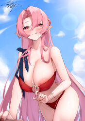 Rule 34 | 1girl, alternate costume, azur lane, bikini, bikini pull, blue sky, breasts, cleavage, clothes pull, covered erect nipples, cum, cum on body, cum on breasts, cum on upper body, duke of york (azur lane), large breasts, long hair, looking at viewer, nail polish, nipple slip, nipples, o-ring, o-ring bikini, parted bangs, pink hair, pointy ears, pulled by self, red bikini, red eyes, red nails, shionootsu, signature, sky, swimsuit, tongue, tongue out, wet