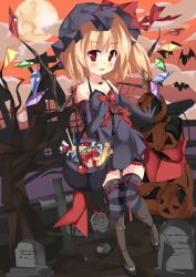 Rule 34 | 1girl, :d, alternate costume, basket, bat (animal), beritabo, black gloves, blonde hair, box, breasts, carrying, cleavage, elbow gloves, flandre scarlet, full moon, gift, gift box, gloves, grave, graveyard, halloween, hat, highres, jack-o&#039;-lantern, jewelry, looking at viewer, mob cap, moon, open mouth, pendant, red eyes, side ponytail, small breasts, smile, solo, striped clothes, striped thighhighs, thighhighs, tombstone, touhou, wings, zettai ryouiki