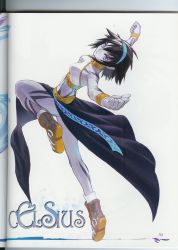 Rule 34 | 00s, 1girl, backless outfit, bare arms, bare legs, bare shoulders, black hair, black sarong, blue eyes, blue hairband, blue skin, celsius, celsius (tales), character name, clenched hands, collar, colored skin, fighting stance, fujishima kousuke, full body, grey skin, hairband, highres, leg up, legs, looking at viewer, looking back, midriff, official art, outstretched arms, page number, sarong, scan, serious, shoes, short hair, simple background, solo, tales of (series), tales of symphonia, tattoo, white background, wristband, yellow wristband