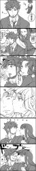 Rule 34 | !, ..., 1boy, 1girl, arrow (symbol), beard, close-up, comic, darker than black, face punch, facial hair, formal, greyscale, hazuki mina (darker than black), hetero, in the face, kiss, kissing cheek, long hair, long image, monochrome, musical note, necktie, ocha (oteaaa), open mouth, pant suit, pants, profile, punching, shizume genma, spiked hair, suit, tall image, translation request, upside-down