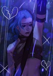 Rule 34 | 1girl, arcane: league of legends, arcane jinx, arm tattoo, arm up, armpits, bare shoulders, blue background, braid, breasts, broken heart, cloud tattoo, crop top, heart, highres, jinx (league of legends), kotorikurama, league of legends, long hair, looking to the side, medium breasts, red lips, shoulder tattoo, stomach, tattoo, upper body