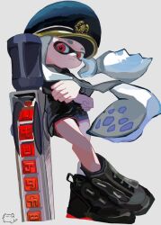 Rule 34 | 1girl, black footwear, black shorts, closed mouth, commentary request, crossed arms, full body, grey hair, hat, high tops, highres, inkling, inkling (language), inkling girl, inkling player character, leaning, long hair, m46 u, military hat, nintendo, pointy ears, red eyes, shoes, short shorts, shorts, simple background, sneakers, solo, splatana stamper (splatoon), splatoon (series), splatoon 3, standing, sword, tentacle hair, weapon, white background
