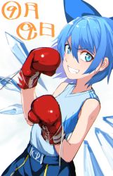 Rule 34 | 1girl, bare shoulders, blue bow, blue eyes, blue hair, bow, boxing gloves, cirno, dated, fang, grin, hair bow, ice, ice wings, kinketsu, matching hair/eyes, short hair, simple background, smile, solo, tank top, touhou, white background, wings