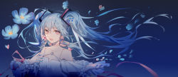 Rule 34 | 1girl, :d, bare shoulders, blue background, blue flower, blue hair, blue nails, choker, collarbone, commentary, dress, facial mark, floating hair, flower, fre (haochilanzuo), gradient background, hair between eyes, hair ornament, hand up, hatsune miku, highres, long hair, looking at viewer, nail polish, off-shoulder dress, off shoulder, open mouth, petals, pink ribbon, red eyes, ribbon, ribbon choker, smile, solo, star (symbol), twintails, upper body, very long hair, vocaloid, white dress