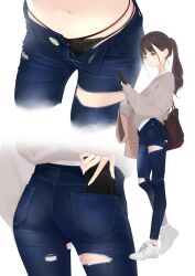 Rule 34 | 1girl, ama mitsuki, ass, black panties, blue pants, brown eyes, brown hair, casual, cellphone, denim, highres, holding, holding phone, jeans, long hair, looking at phone, multiple views, navel, non-web source, open fly, original, panties, pants, phone, ponytail, shoes, smartphone, sneakers, standing, sweater, torn clothes, torn jeans, torn pants, underwear, white footwear