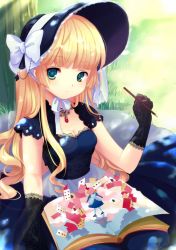 Rule 34 | 2girls, alice (alice in wonderland), alice in wonderland, amulet, blonde hair, bonnet, book, bow, breasts, card, chin strap, choker, cleavage, diamond (gemstone), dress, gloves, gosick, grass, green eyes, holding, holding book, lace, lace-trimmed gloves, lace gloves, lace trim, long hair, looking at viewer, multiple girls, pencil, playing card, pop-up book, ribbon, shade, sitting, small breasts, spade, tree, very long hair, victorica de blois, weapon, yadamon (neverland)