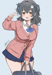 Rule 34 | alternate hairstyle, bag, black hair, blue neckerchief, blue skirt, blush, breasts, collared shirt, cosplay, dated, embarrassed, grey background, hair between eyes, hair flaps, hair ornament, hair scrunchie, hairclip, highres, jingei (kancolle), kantai collection, kirisawa juuzou, large breasts, long hair, long sleeves, looking at viewer, neckerchief, open mouth, pink sweater, red eyes, school bag, school uniform, scrunchie, shirt, short twintails, signature, skirt, suzuya (kancolle), suzuya (kancolle) (cosplay), sweater, twintails, v, whale hair ornament, white shirt