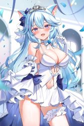 Rule 34 | ahoge, animal ear fluff, animal ears, bare shoulders, blue eyes, blue hair, breasts, bridal garter, cat ears, cleavage, clothing cutout, commentary, copyright request, dress, elbow gloves, gloves, hair between eyes, highres, large breasts, long hair, looking at viewer, mole, mole on breast, navel, navel cutout, open mouth, petals, satoupote, smile, solo, standing, symbol-only commentary, thighs, tiara, virtual youtuber, white dress, white gloves