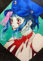 Rule 34 | bare shoulders, black background, blood, blood drip, blood on face, blood splatter, bloody tears, blue hair, blue headwear, breasts, ear piercing, earrings, green background, guro, hat, hat ornament, jewelry, medium breasts, medium hair, miyako yoshika, nude, ofuda, ofuda on clothes, ofuda on head, open mouth, piercing, red eyes, sharp teeth, sidelocks, simple background, star (symbol), star hat ornament, stitched neck, stitches, teeth, touhou, traditional media, two-tone background, undead, upper teeth only, whoru, zombie