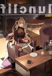 Rule 34 | 1girl, absurdres, armchair, black shirt, black skirt, black thighhighs, blonde hair, chair, coffee table, cup, fingerless gloves, g3 (girls&#039; frontline), g3 (mod3) (girls&#039; frontline), girls&#039; frontline, gloves, headgear, highres, holding, holding cup, indoors, long hair, long sleeves, looking at viewer, mug, plate, purple eyes, red gloves, shirt, sitting, skirt, solo, table, thighhighs, twice12314, very long hair, zettai ryouiki