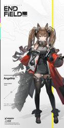 Rule 34 | 1girl, angelina (arknights), angelina (endfield) (arknights), animal ears, arknights, arknights: endfield, bare shoulders, black footwear, black gloves, black thighhighs, boots, brown eyes, brown hair, coat, commentary, dress, fox ears, gloves, grey dress, grin, long hair, long sleeves, looking at viewer, off shoulder, official art, open clothes, open coat, parted lips, red coat, short dress, smile, solo, thighhighs, twintails, very long hair