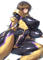 Rule 34 | 1girl, absurdres, black bodysuit, bodysuit, breasts, brown hair, cameltoe, covered erect nipples, covered navel, fortified suit, highres, huge breasts, impossible bodysuit, impossible clothes, long hair, looking at viewer, muv-luv, muv-luv alternative, muv-luv total eclipse, pilot suit, purple eyes, shiny clothes, shiny skin, simple background, skin tight, solo, takamura yui, thighs, thirty 8ght, white background