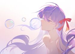 1girl absurdres amiably_02 bubble collarbone fate/stay_night fate_(series) hair_ribbon highres long_hair matou_sakura nude purple_eyes purple_hair red_ribbon ribbon simple_background smile solo upper_body white_background