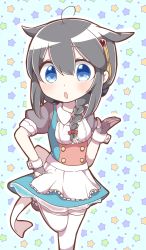 Rule 34 | 1girl, absurdres, ahoge, apron, black footwear, black gloves, black hair, blue background, blue eyes, blue skirt, blush, braid, breasts, center frills, collared shirt, commentary request, fingerless gloves, frills, gloves, grey shirt, hair between eyes, hair flaps, hair ornament, hair ribbon, hand on own hip, highres, jako (jakoo21), kantai collection, long hair, mary janes, outline, parted lips, puffy short sleeves, puffy sleeves, red ribbon, ribbon, shigure (kancolle), shigure kai ni (kancolle), shirt, shoes, short sleeves, side braid, skirt, small breasts, solo, standing, standing on one leg, star (symbol), starry background, thighhighs, waist apron, white apron, white outline, white thighhighs, wrist cuffs