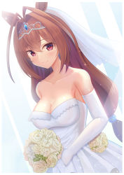 Rule 34 | 1girl, absurdres, animal ears, bare shoulders, blush, border, bouquet, breasts, bridal veil, brown hair, cleavage, collarbone, daiwa scarlet (umamusume), dress, elbow gloves, flower, gloves, hair between eyes, hair intakes, highres, holding, holding bouquet, horse ears, horse girl, konjiki alia, large breasts, long hair, looking at viewer, low twintails, red eyes, smile, solo, sparkle, strapless, strapless dress, tiara, twintails, umamusume, upper body, veil, very long hair, wedding dress, white border, white dress, white flower, white gloves