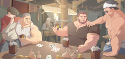 Rule 34 | 5boys, bara, beard, buzz cut, card, character request, couple, facial hair, full beard, gunnar (lustful desires), guran (underguran), hand on another&#039;s shoulder, headband, highres, holding, holding card, large pectorals, lustful desires, male focus, multiple boys, muscular, muscular male, pectoral cleavage, pectorals, playing card, poker, bar (place), second-party source, short hair, sideburns, sitting, size difference, smirk, thick beard, thick eyebrows, very short hair, white headband, yaoi