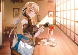 Rule 34 | 1girl, asymmetrical sleeves, atelier (series), atelier ryza, atelier ryza 3, blonde hair, blush, bracelet, braid, breasts, buttons, cake, cake slice, chair, closed mouth, cup, day, drinking straw, elbow gloves, flower, food, fruit, gloves, gold trim, hair ornament, hand up, hibiscus, highres, indoors, jewelry, klaudia valentz, long hair, long sleeves, looking at viewer, medium breasts, non-web source, official art, plate, shadow, sitting, smile, solo, strawberry, table, toridamono, window, yellow eyes