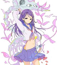 Rule 34 | 1girl, arm at side, arm up, bad drawr id, bad id, bird, blue sailor collar, character request, closed mouth, copyright request, cowboy shot, falling petals, fossil, long hair, long sleeves, looking at viewer, midriff, navel, oekaki, petals, plant, pleated skirt, purple eyes, purple hair, purple skirt, sailor collar, school uniform, serafuku, sidelocks, skirt, solo, suya000, white background, white serafuku